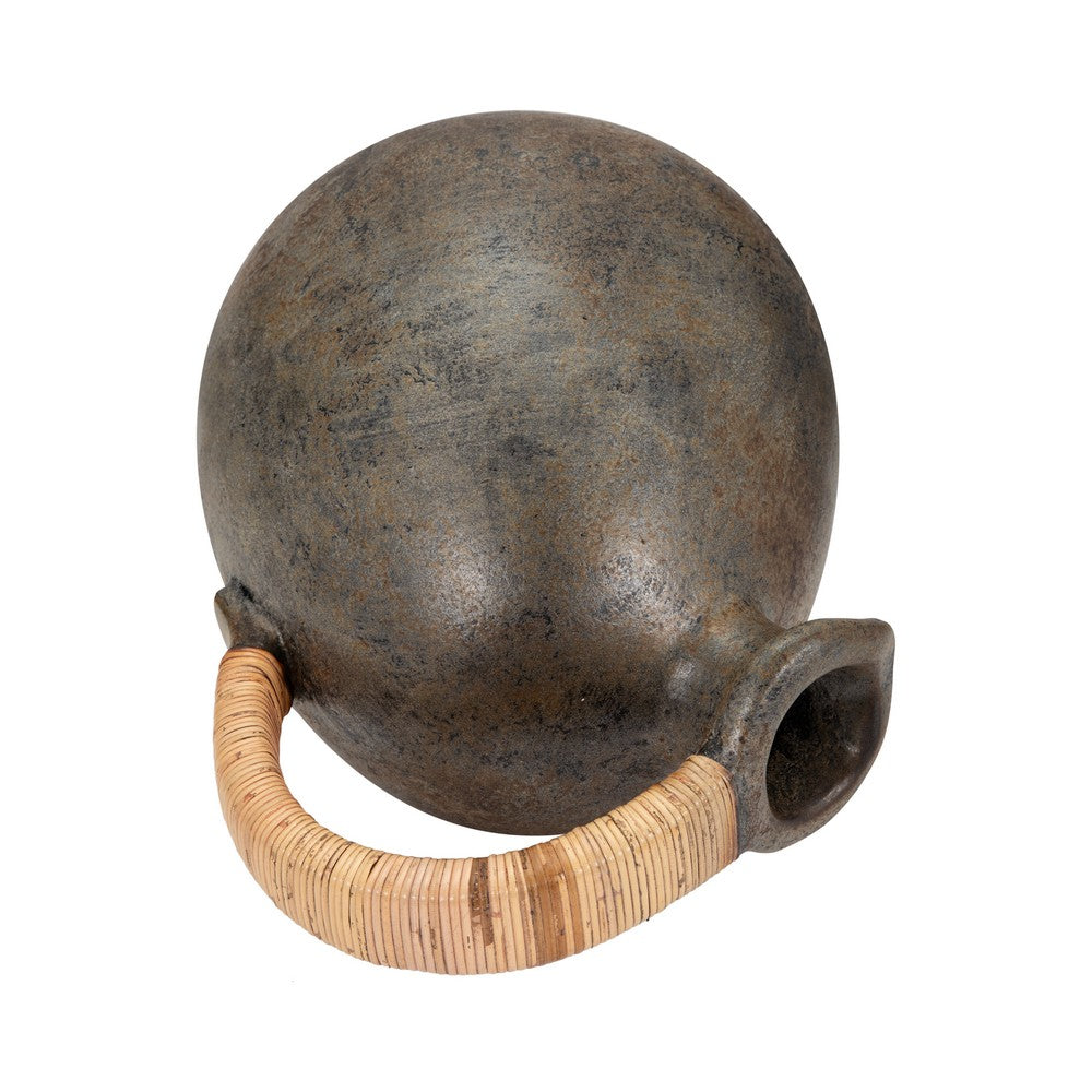 Jug Vase w Woven Rattan Handle | Rustic Black & Brown Terracotta