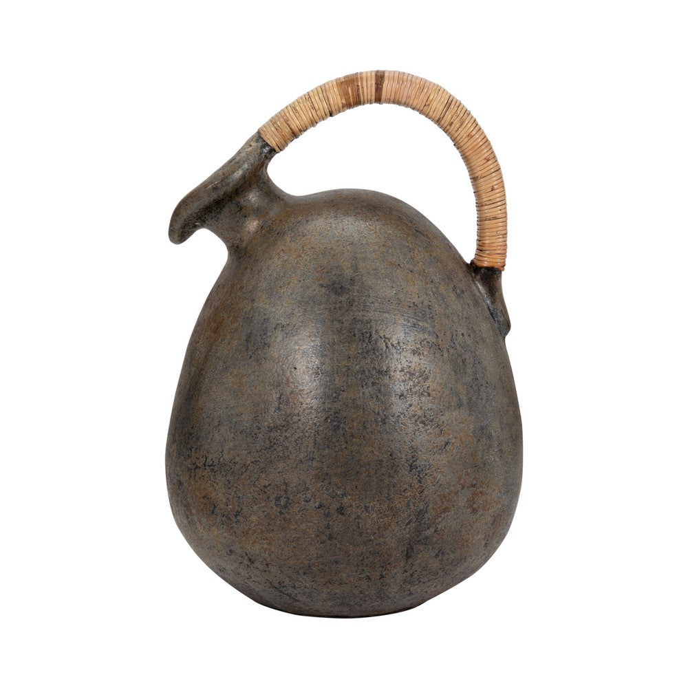 Jug Vase w Woven Rattan Handle | Rustic Black & Brown Terracotta