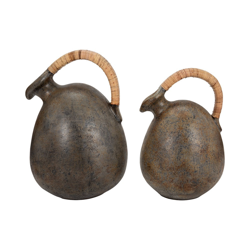 Jug Vase w Woven Rattan Handle | Rustic Black & Brown Terracotta