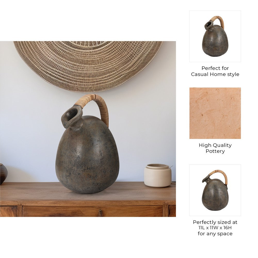 Jug Vase w Woven Rattan Handle | Rustic Black & Brown Terracotta