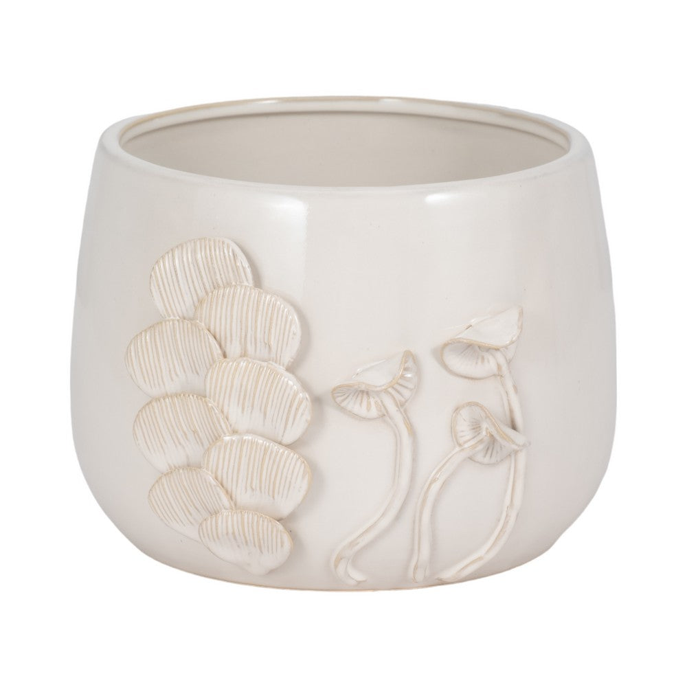 Outdoor Accent Planter | 9" Ivory Ceramic | Textured Mushroom Applique