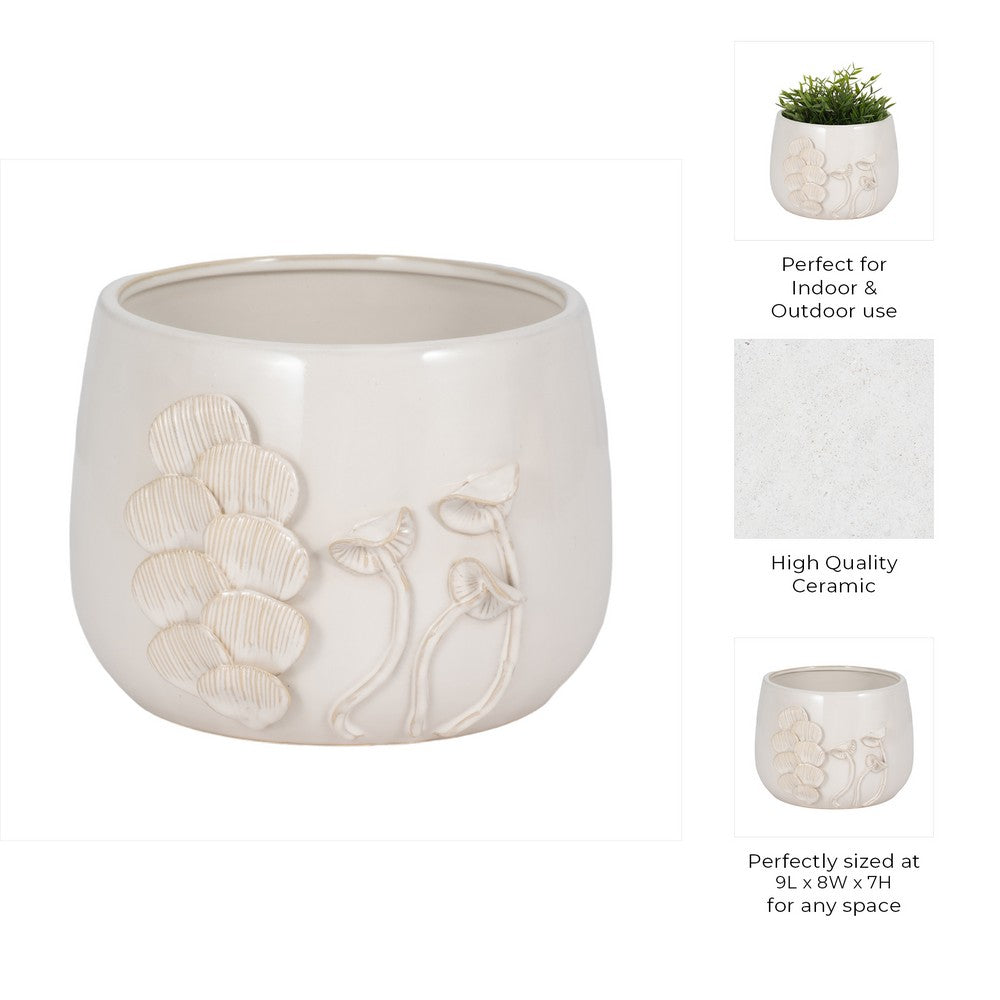 Outdoor Accent Planter | 9" Ivory Ceramic | Textured Mushroom Applique