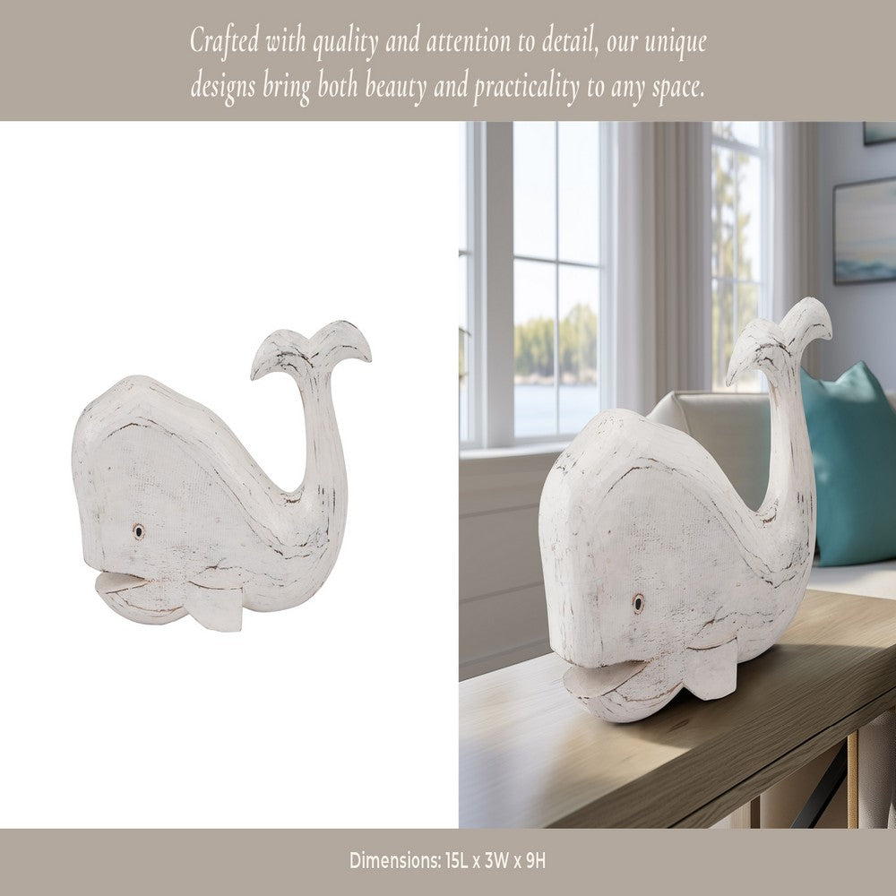 15" Whale Tabletop Decor Sculpture w Tail Up | White Albasia Wood