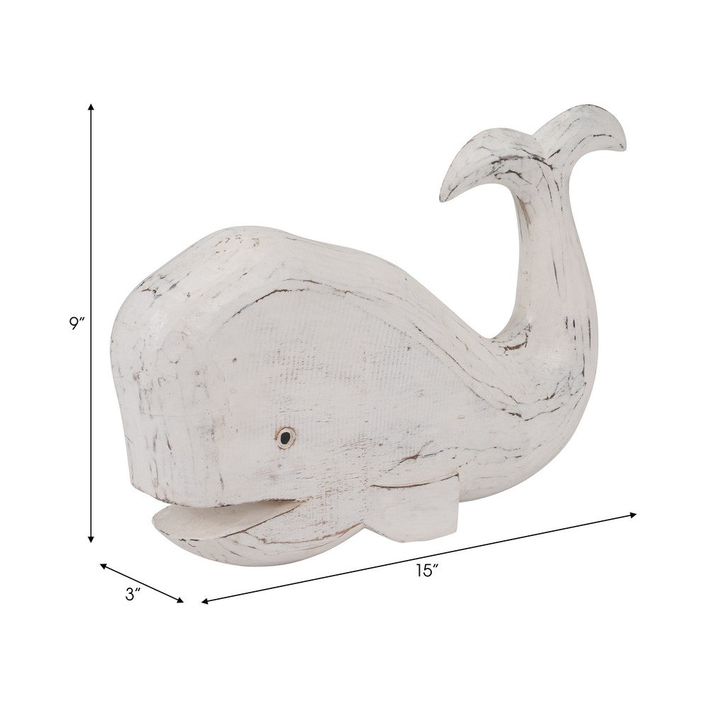 15" Whale Tabletop Decor Sculpture w Tail Up | White Albasia Wood