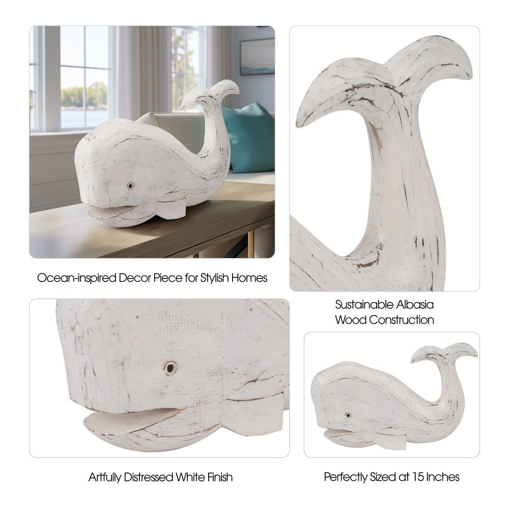 15" Whale Tabletop Decor Sculpture w Tail Up | White Albasia Wood