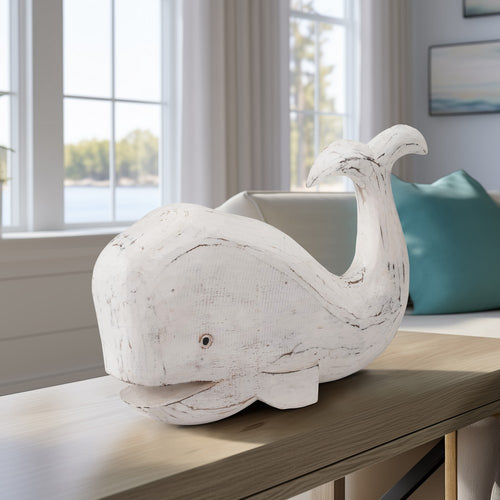 15" Whale Tabletop Decor Sculpture w Tail Up | White Albasia Wood