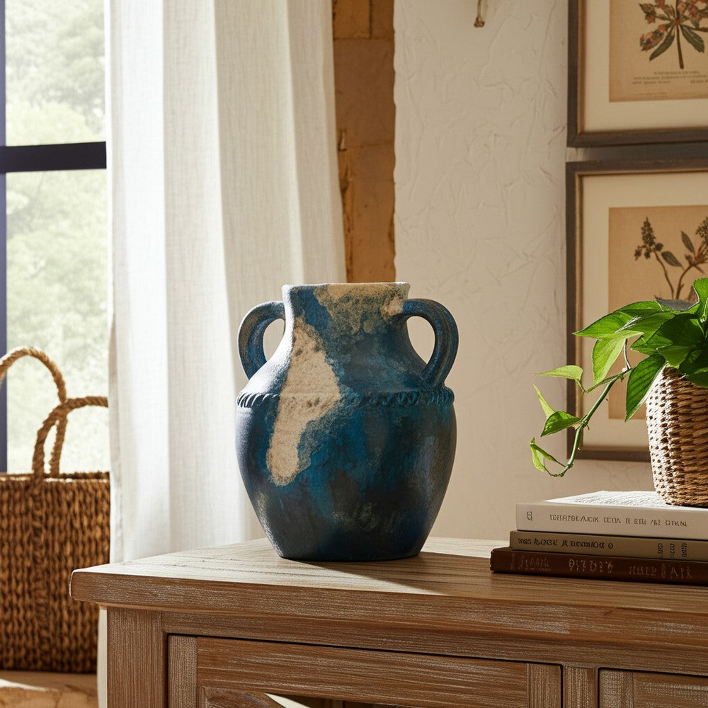 Accent Floral Vase w 3 Handles | 10" Blue & Ivory Terracotta