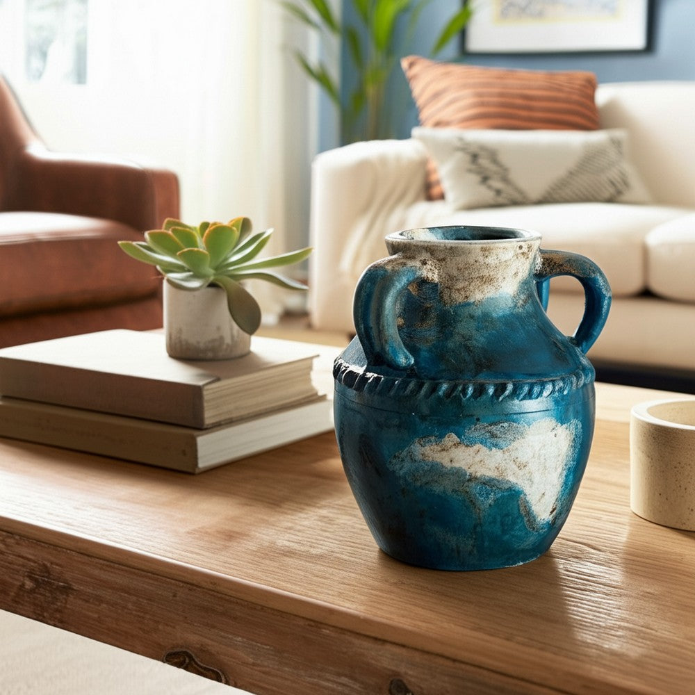 Accent Floral Vase w 3 Handles | 10" Blue & Ivory Terracotta