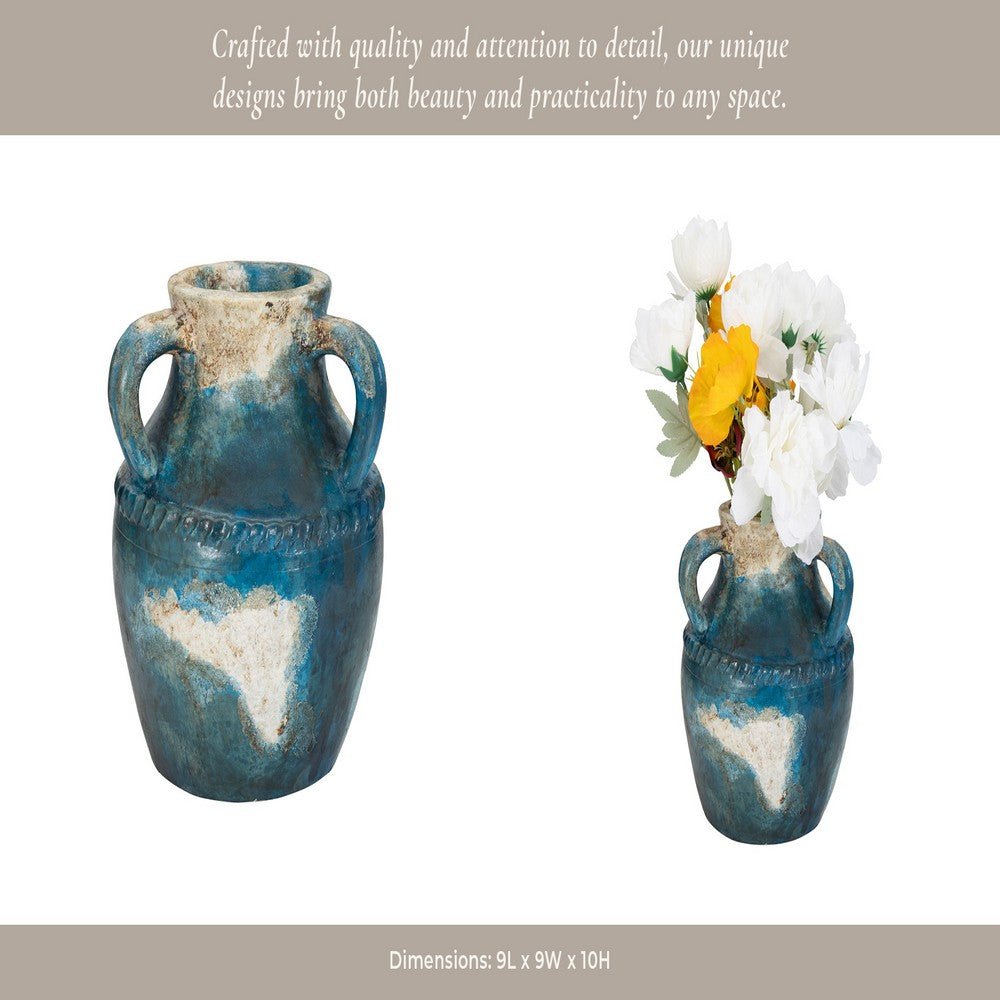 Accent Floral Vase w 3 Handles | 10" Blue & Ivory Terracotta