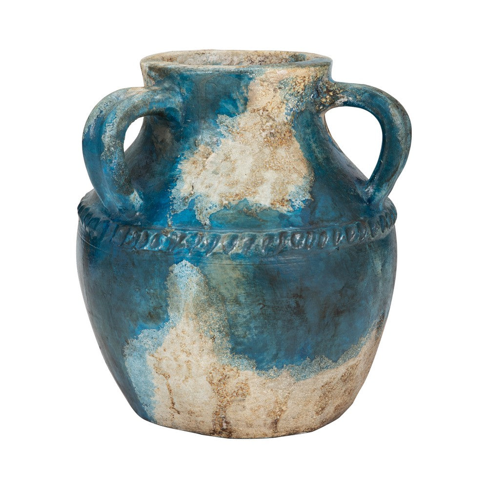 Accent Floral Vase w 3 Handles | 10" Blue & Ivory Terracotta