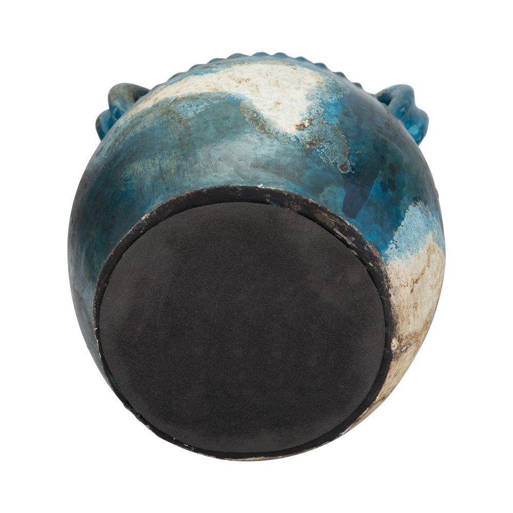 Accent Floral Vase w 3 Handles | 10" Blue & Ivory Terracotta
