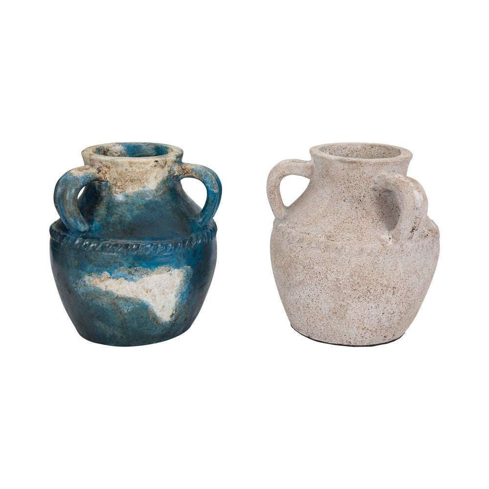 Accent Floral Vase w 3 Handles | 10" Blue & Ivory Terracotta