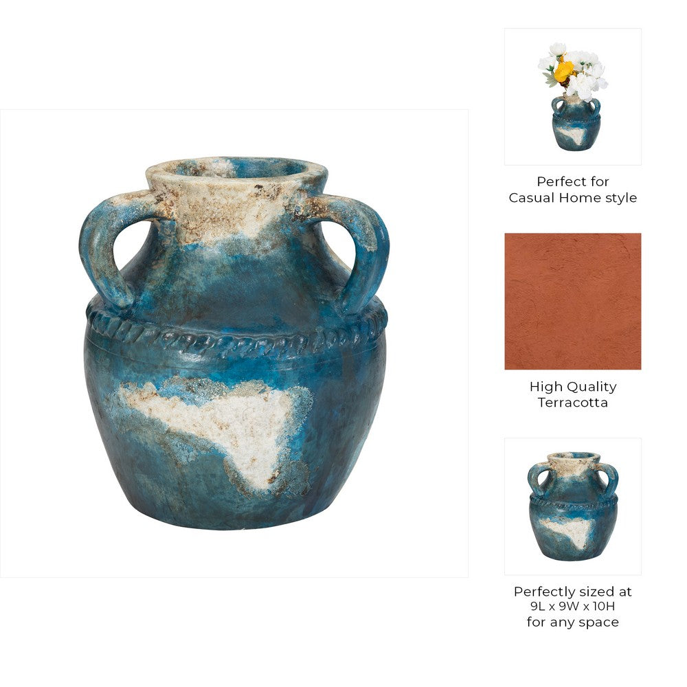 Accent Floral Vase w 3 Handles | 10" Blue & Ivory Terracotta
