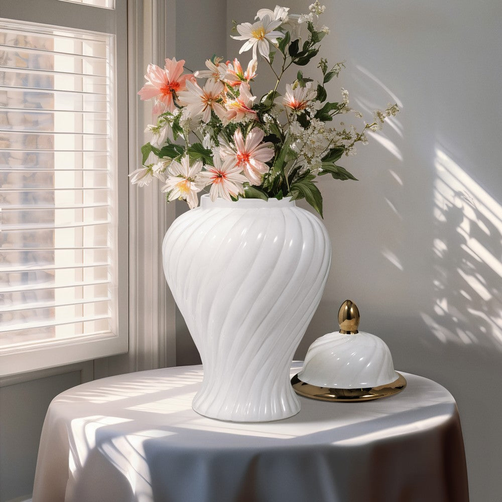 20" Decorative Temple Jar w Swirl Design | White & Gold Ceramic