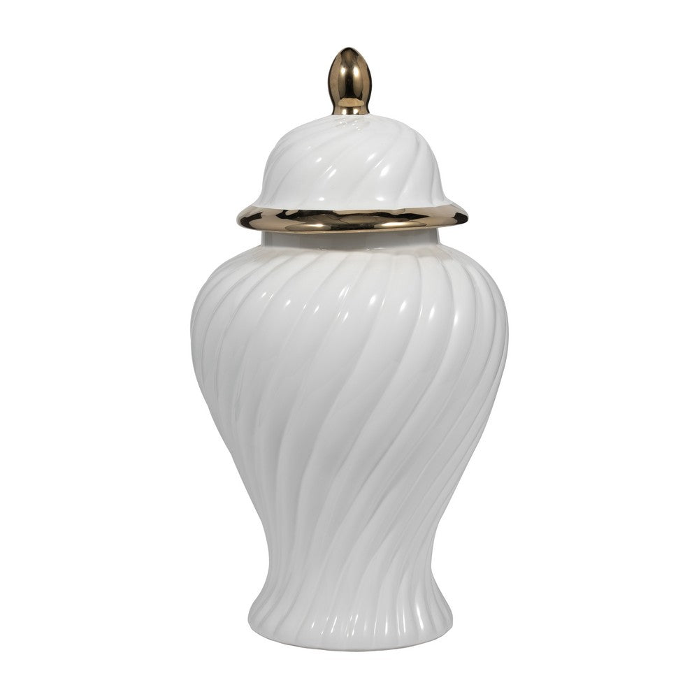 20" Decorative Temple Jar w Swirl Design | White & Gold Ceramic
