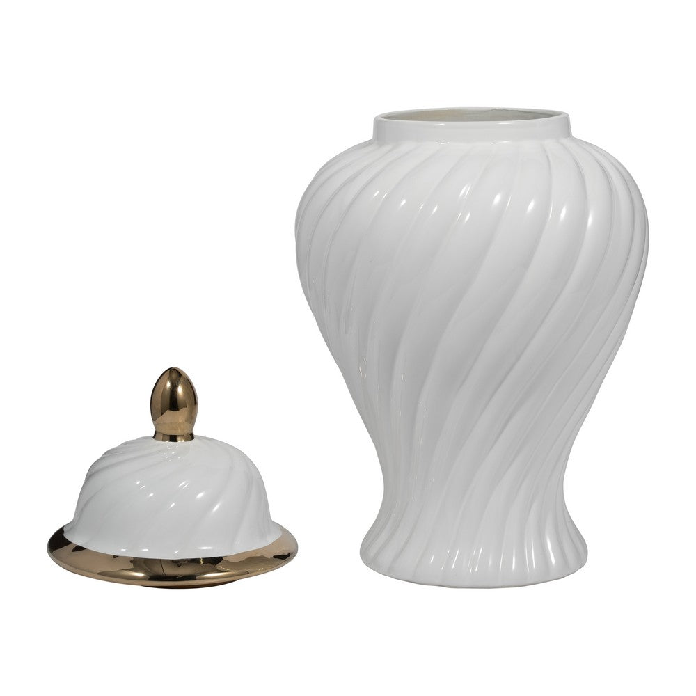 20" Decorative Temple Jar w Swirl Design | White & Gold Ceramic