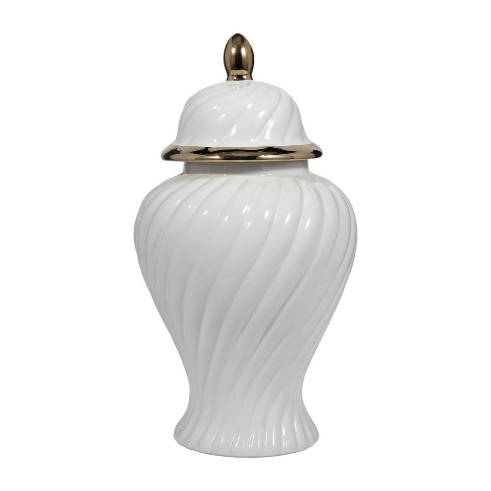 20" Decorative Temple Jar w Swirl Design | White & Gold Ceramic
