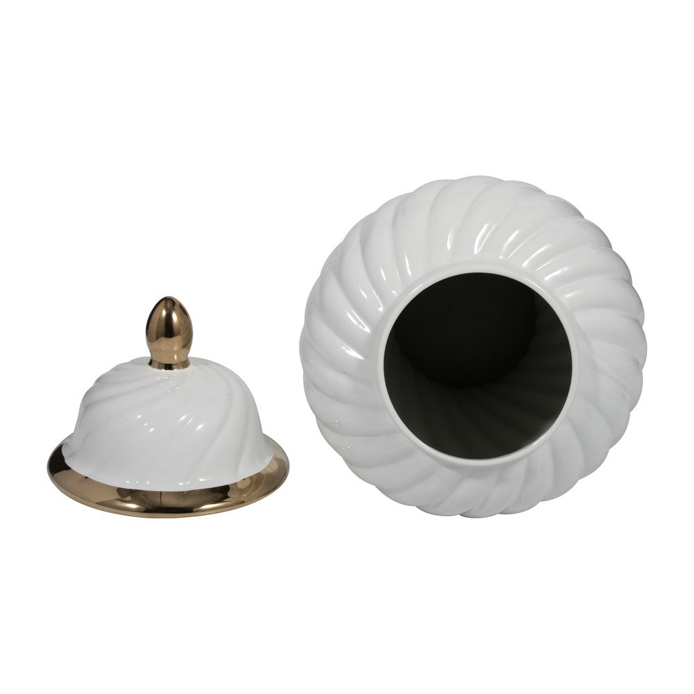 20" Decorative Temple Jar w Swirl Design | White & Gold Ceramic
