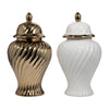 20" Decorative Temple Jar w Swirl Design | White & Gold Ceramic