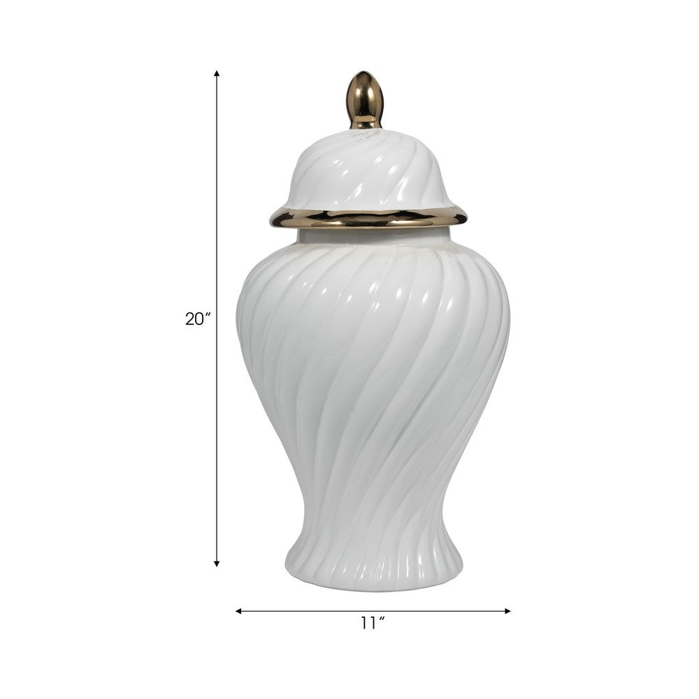 20" Decorative Temple Jar w Swirl Design | White & Gold Ceramic