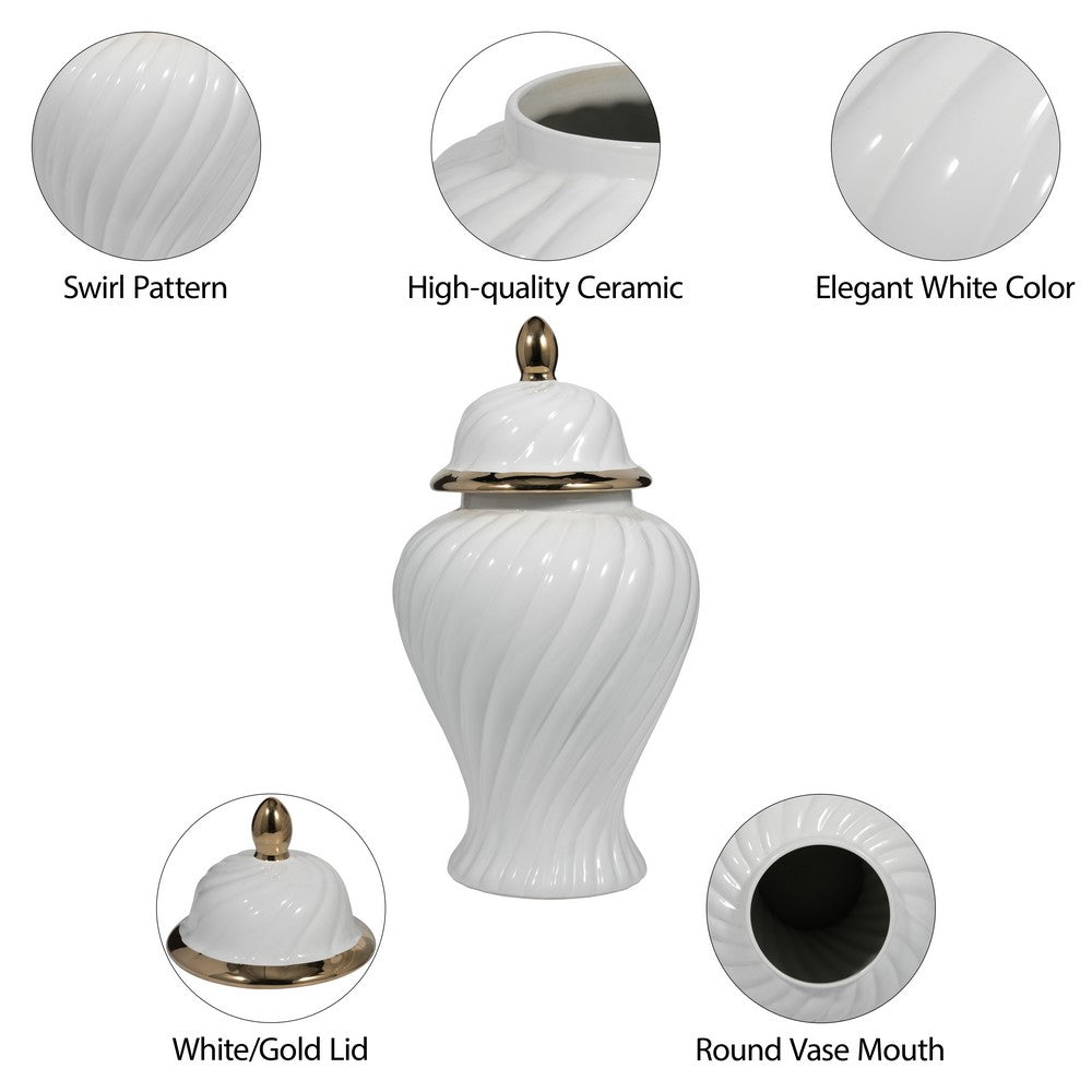 20" Decorative Temple Jar w Swirl Design | White & Gold Ceramic
