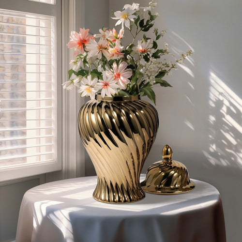 Decorative Temple Jar w Lid | 20" | Gold Swirl Design Ceramic