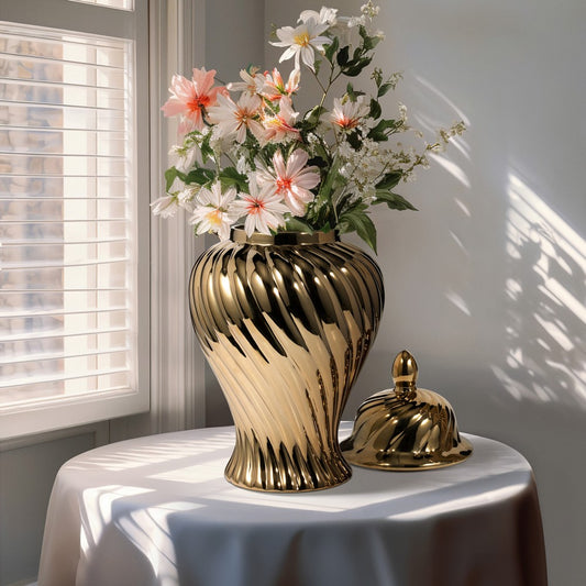 Decorative Temple Jar w Lid | 20" | Gold Swirl Design Ceramic