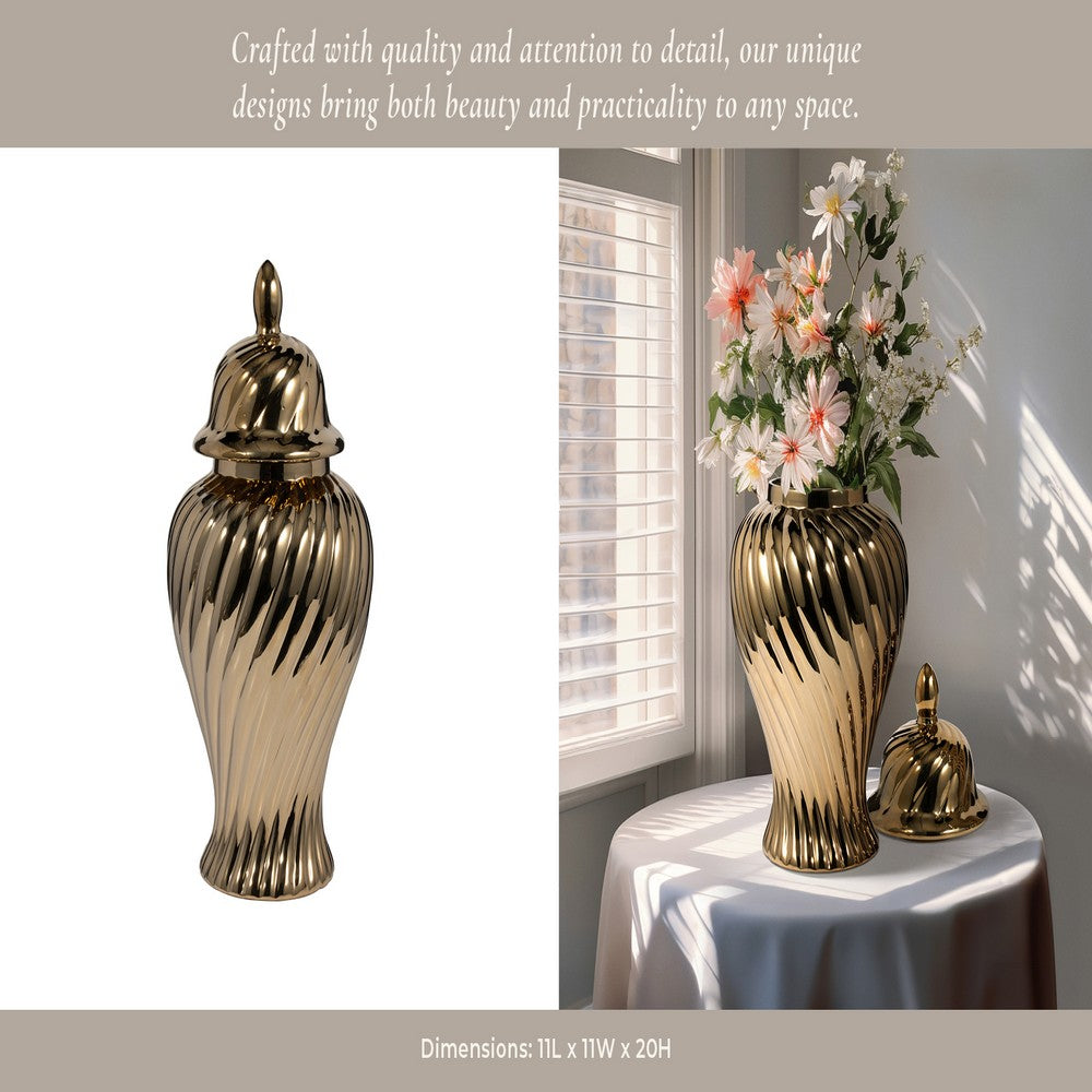 Decorative Temple Jar w Lid | 20" | Gold Swirl Design Ceramic