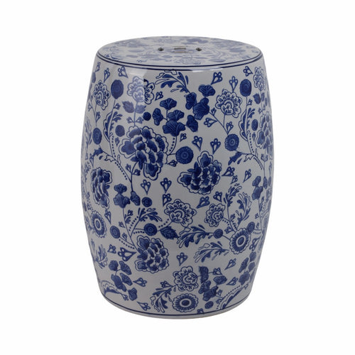 Outdoor Garden Barrel Accent Stool | 17" Classic Blue White Chinoiserie