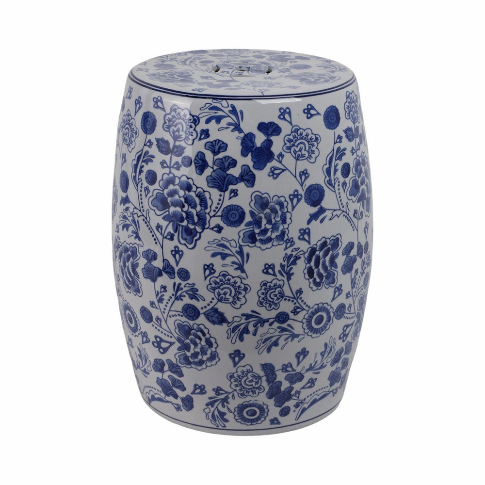 Outdoor Garden Barrel Accent Stool | 17" Classic Blue White Chinoiserie