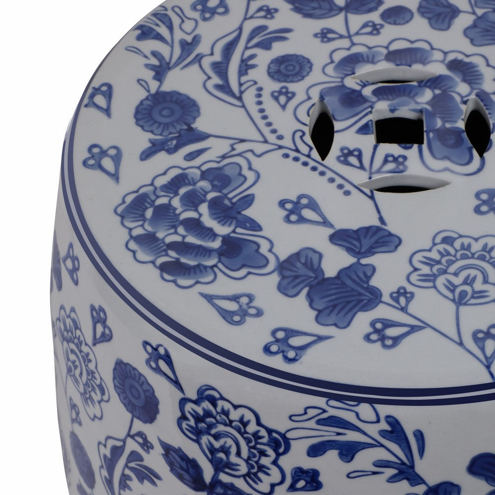 Outdoor Garden Barrel Accent Stool | 17" Classic Blue White Chinoiserie