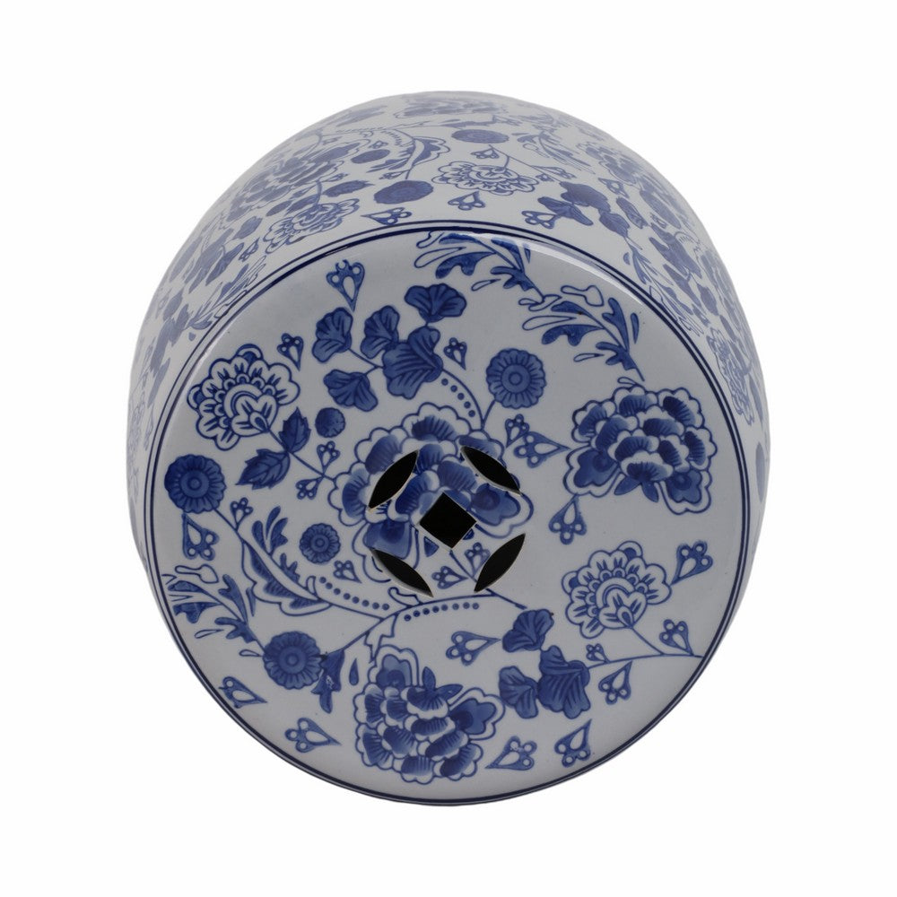 Outdoor Garden Barrel Accent Stool | 17" Classic Blue White Chinoiserie