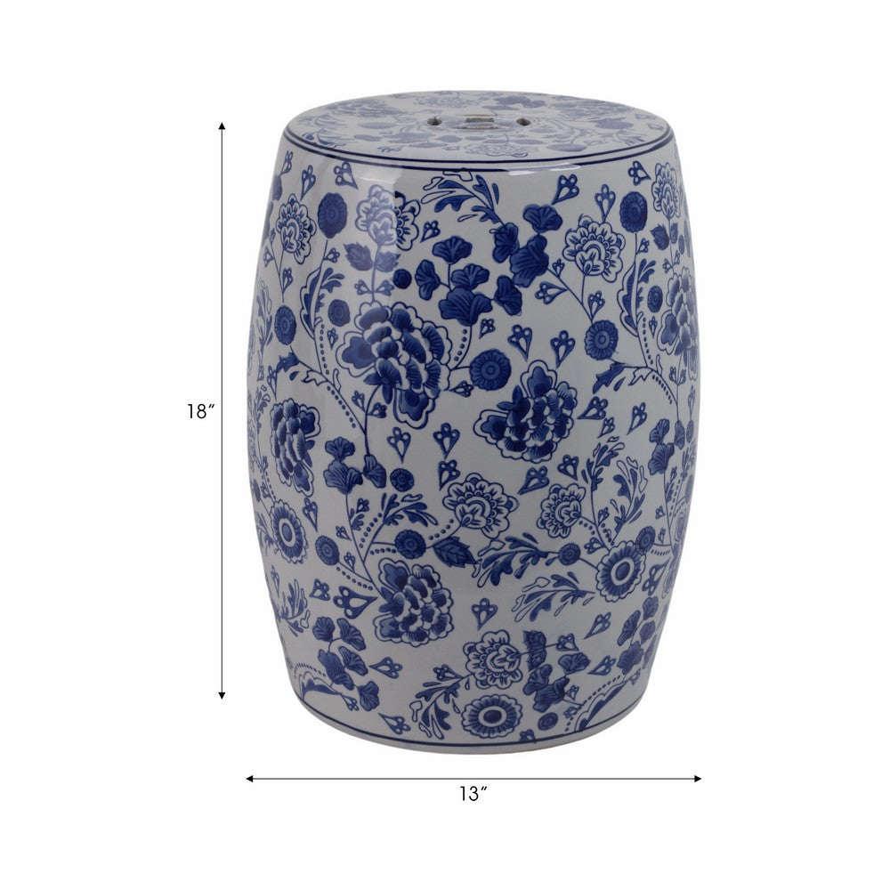 Outdoor Garden Barrel Accent Stool | 17" Classic Blue White Chinoiserie