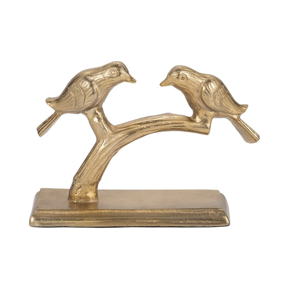Decorative Perched Pair of Birds on Branch Statue | 8" Gold Aluminum