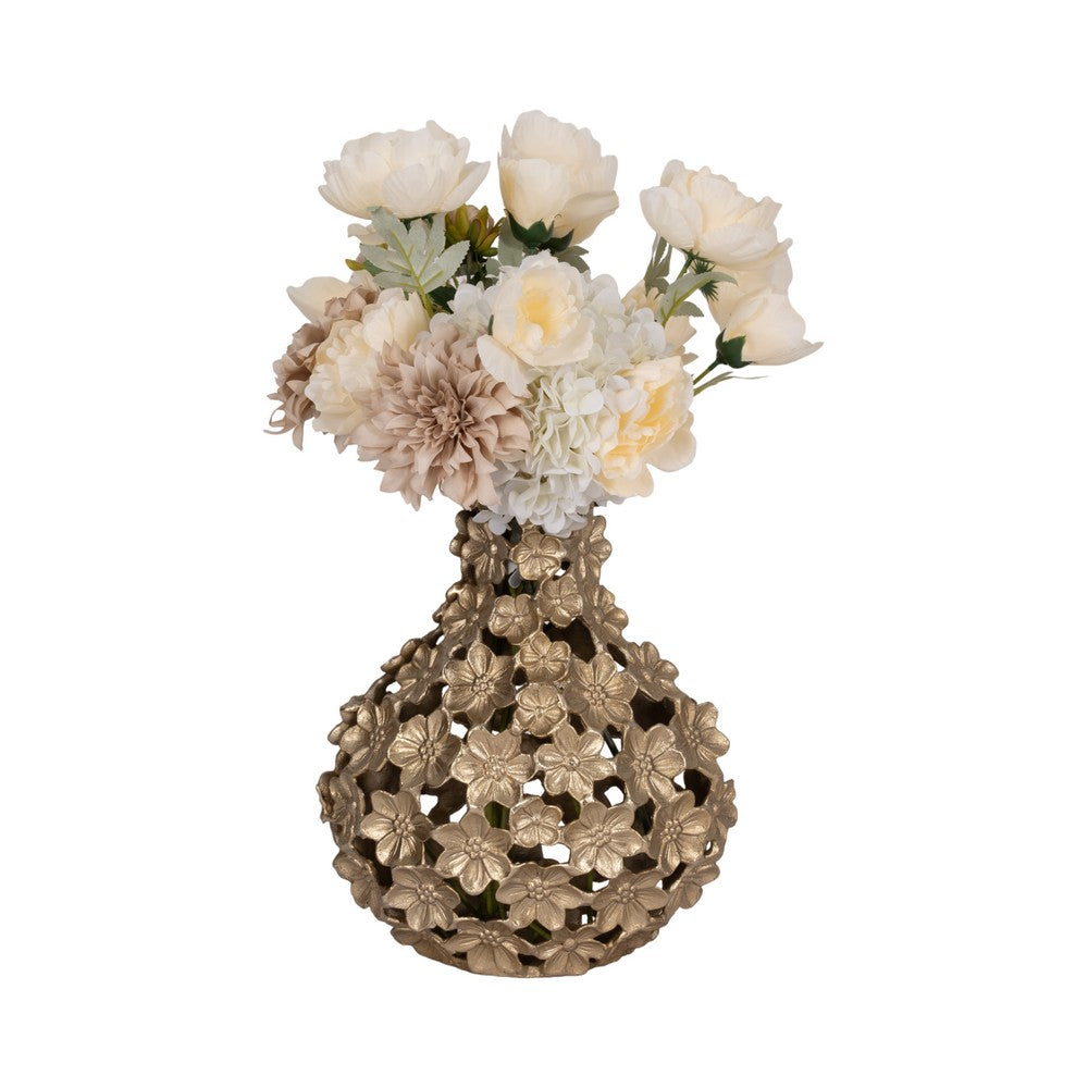 Sculpted Accent Vase | Open Gold Metal Multi Flower Design | 15"