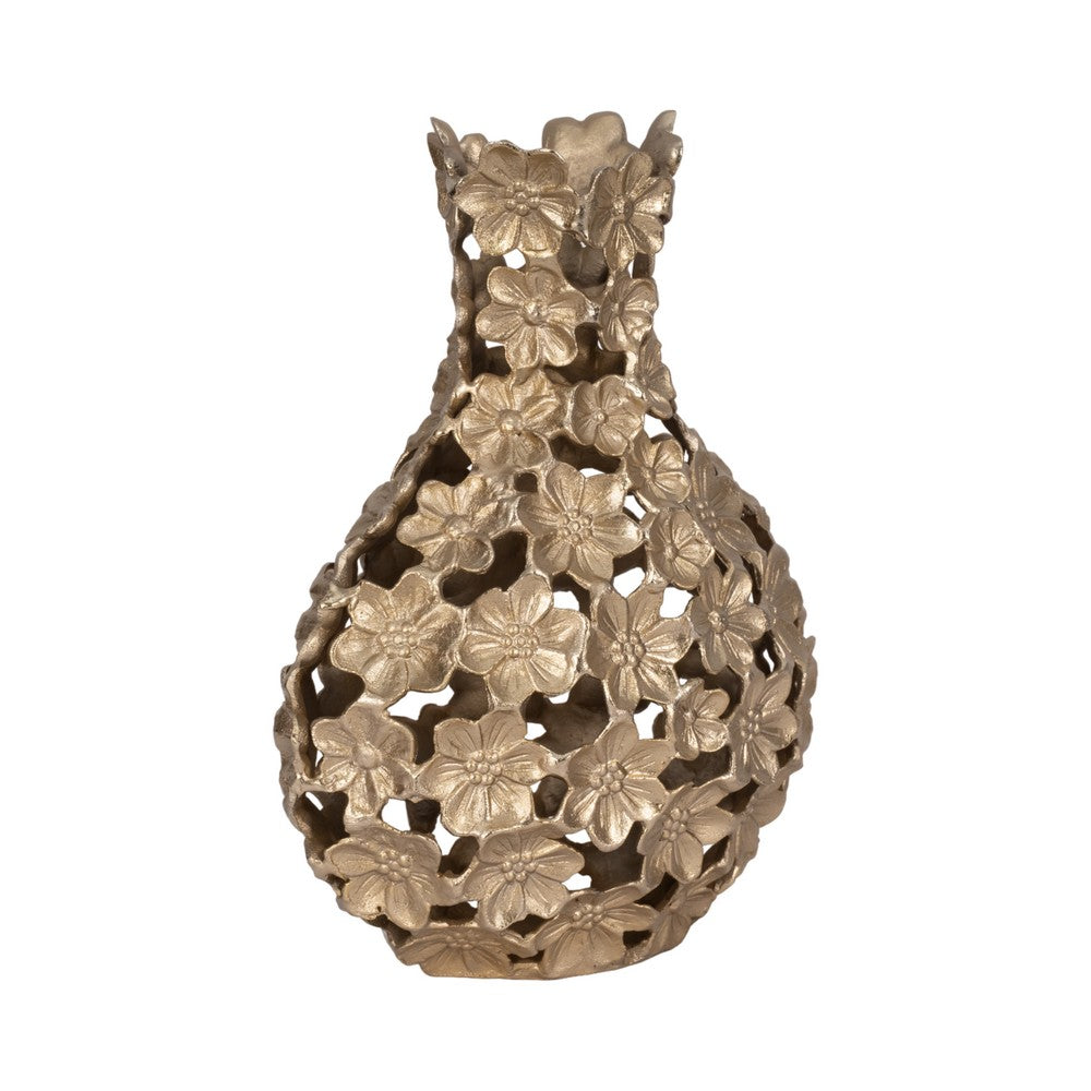 Sculpted Accent Vase | Open Gold Metal Multi Flower Design | 15"
