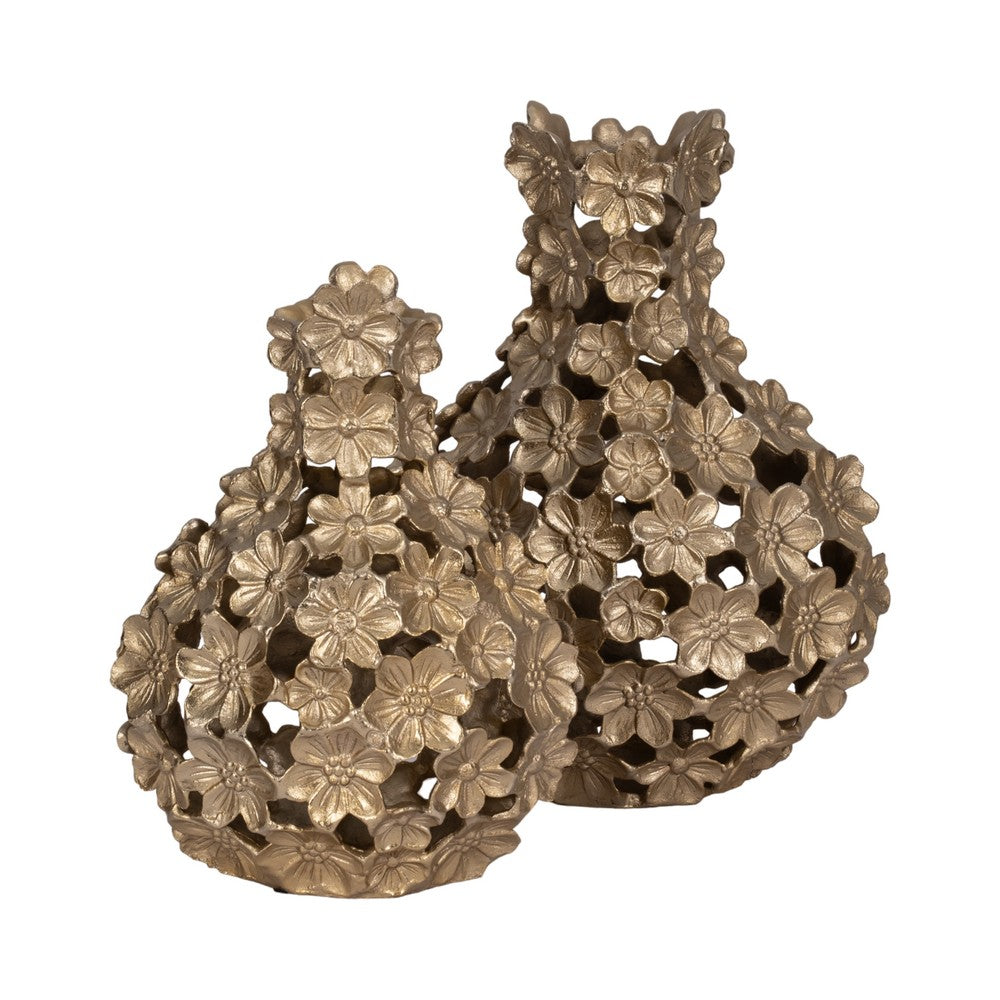 Sculpted Accent Vase | Open Gold Metal Multi Flower Design | 15"