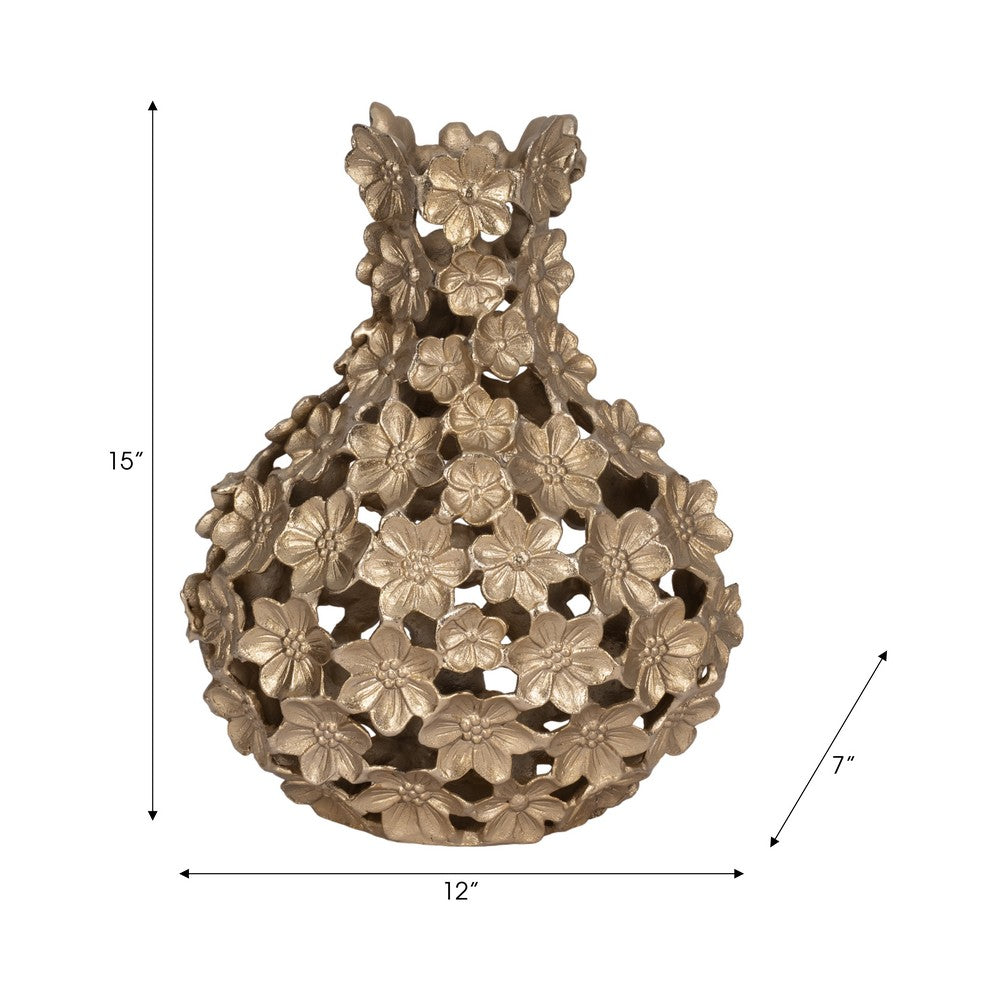 Sculpted Accent Vase | Open Gold Metal Multi Flower Design | 15"