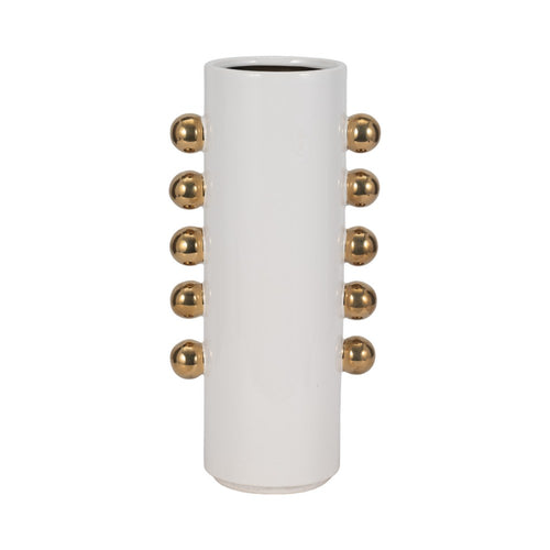 Decorative Flower Vase with Gold Side Knobs | 16" White Ceramic