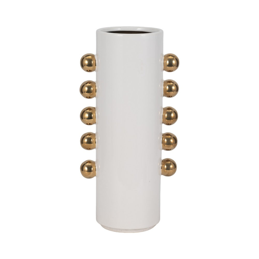 Decorative Flower Vase with Gold Side Knobs | 16" White Ceramic