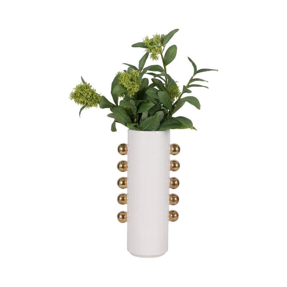 Decorative Flower Vase with Gold Side Knobs | 16" White Ceramic