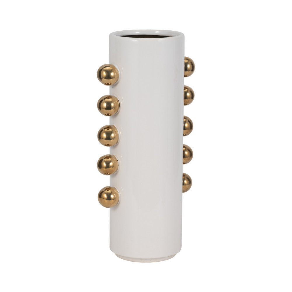 Decorative Flower Vase with Gold Side Knobs | 16" White Ceramic