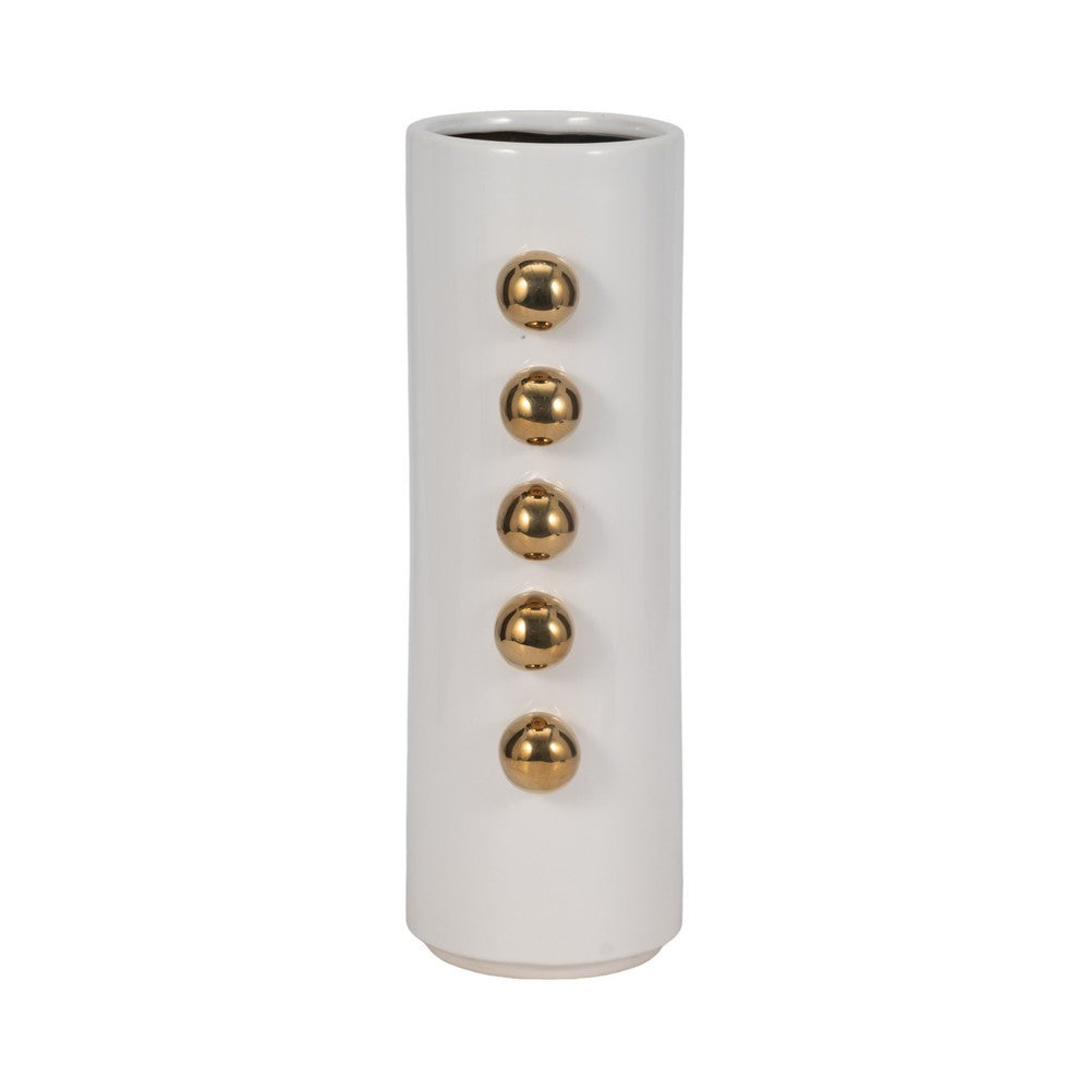 Decorative Flower Vase with Gold Side Knobs | 16" White Ceramic