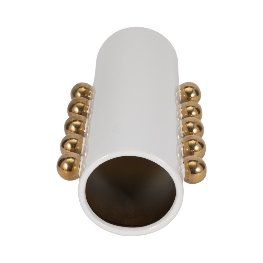 Decorative Flower Vase with Gold Side Knobs | 16" White Ceramic