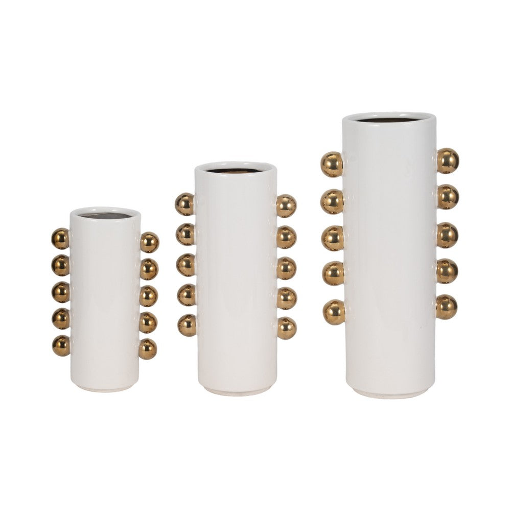 Decorative Flower Vase with Gold Side Knobs | 16" White Ceramic