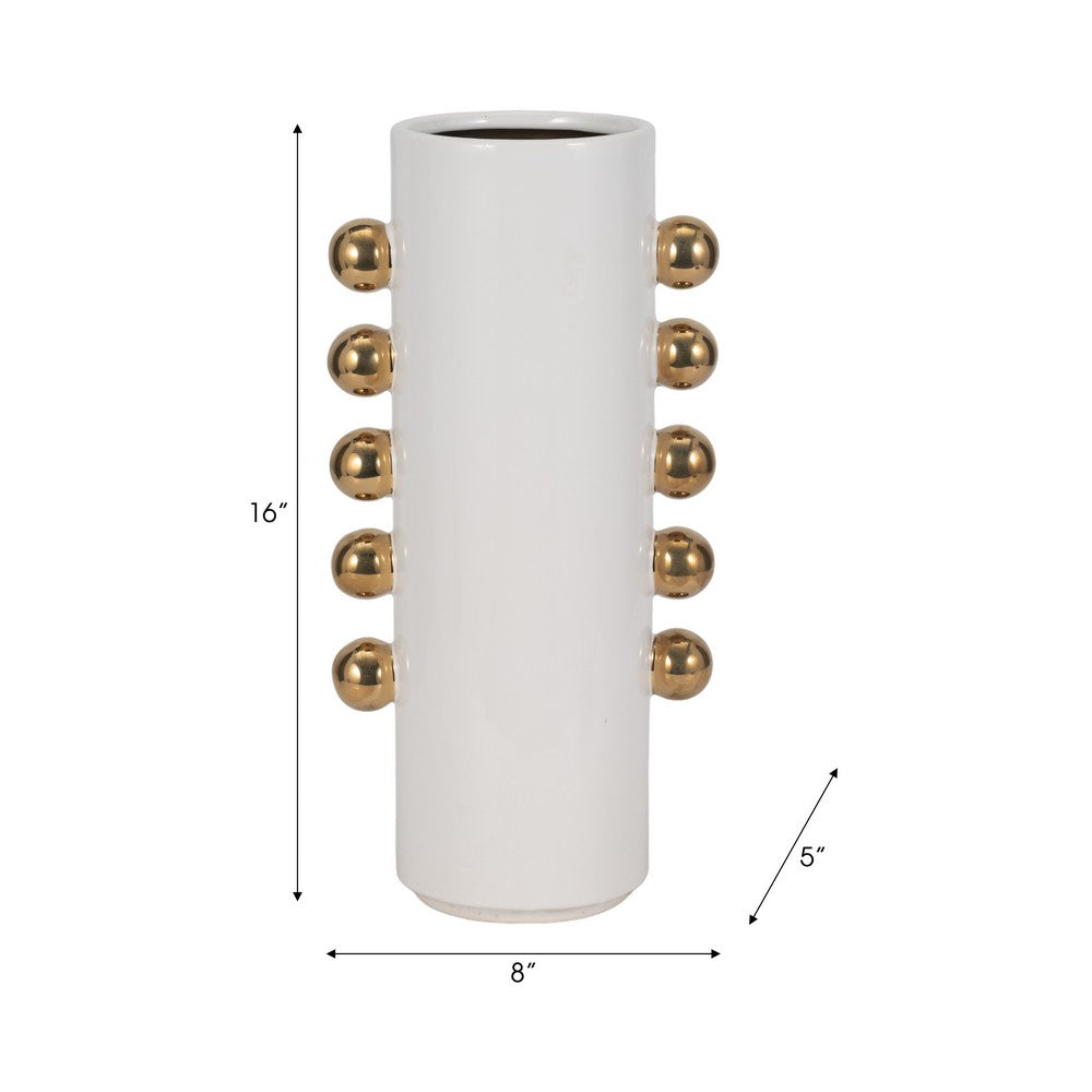 Decorative Flower Vase with Gold Side Knobs | 16" White Ceramic