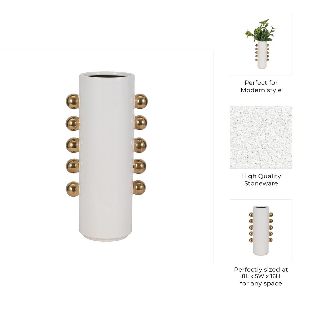 Decorative Flower Vase with Gold Side Knobs | 16" White Ceramic