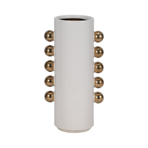 Accent Vase | 13" White Ceramic Cylindrical Shape | Gold Side Knobs