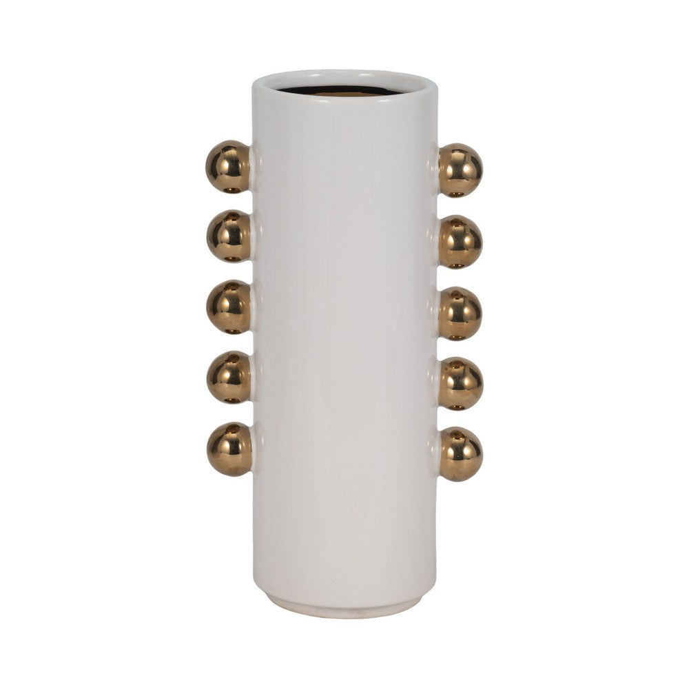 Accent Vase | 13" White Ceramic Cylindrical Shape | Gold Side Knobs