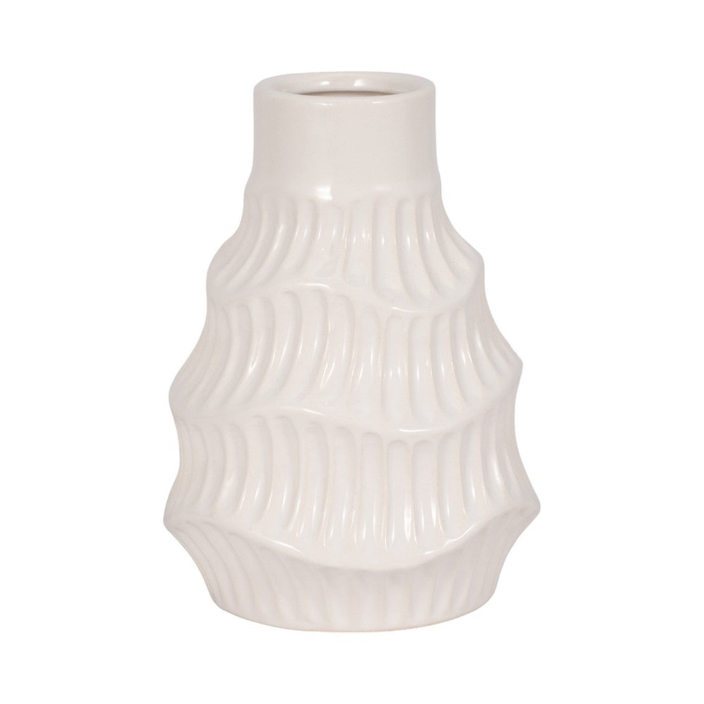 Decorative Vase | Wavy Shape & Rippled Texture | White Ceramic | 8"
